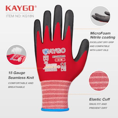 image for KAYGO Safety Work Gloves MicroFoam Nitrile Coated-3 Pairs, KG18NB,Seam