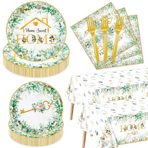 Housewarming Party Decorations - 162pcs Home Sweet Home Party Tableware Set, House Warming Tablecloth, Housewarming Key Plates and Napkins for Welcome Home New Home Wedding Decoration, Serve 40