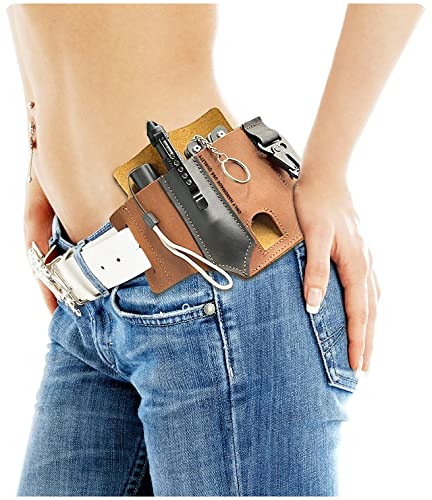 Genuine Leather Edc Belt Loop Waist Multitool Sheath, Edc Pocket Organiser Pouch, Handmade 3 Pockets Organizer Sheath For Flashlights Tactical Pens Tools (Brown) #TOP5