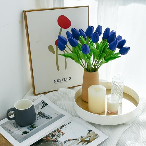 Image of ONLY ART Artificial Royal Blue Tulips 20 Pcs - 13.5 Inch PU Faux Flowers with Bendable Stems for Home Decor, Wedding Centerpieces, DIY Floral Arrangements, New Year and Valentine's Day