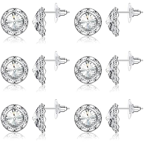 ADRAMATA 6 Pairs Stud Earrings for Women Silver Stud Earrings for Dance Competitions Stage Opera Performance Wedding Party Crystal Rhinestone Earrings Halo Sparkle Earrings Silver Earrings for Women Cover