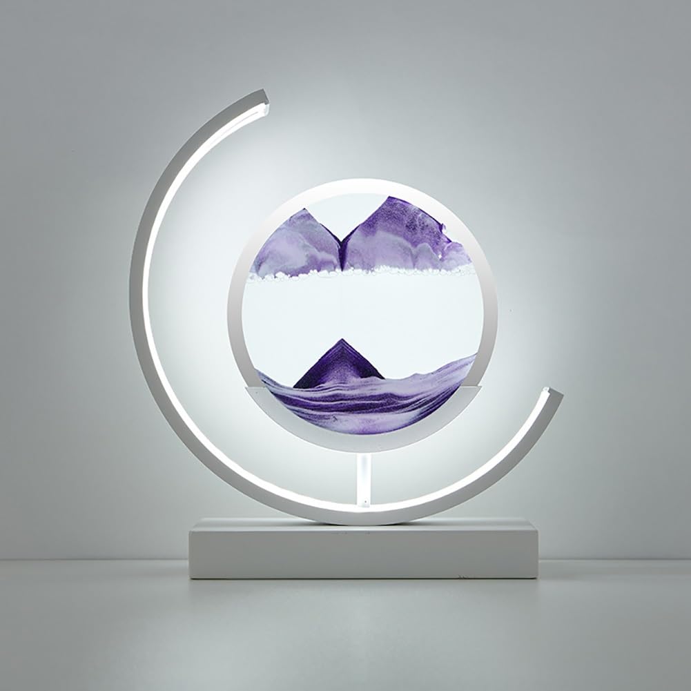 arte con arena, Marco de fotos giratorio 360° c/arena móvil en 3D/lámpara LED(Purple,White Frame)