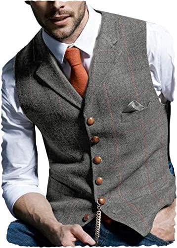 Aesido Casual Men's Vest for Wedding Plaid Soft Wool Tweed Waistcoat for Groosmen Best Man Grey S
