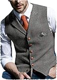 Aesido Casual Men's Vest for Wedding Plaid Soft Wool Tweed Waistcoat for Groosmen Best Man Grey S