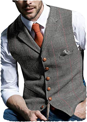 Aesido Casual Men's Vest For Wedding Plaid Soft Wool Tweed Waistcoat For Groosmen Best Man Grey S #TOP2