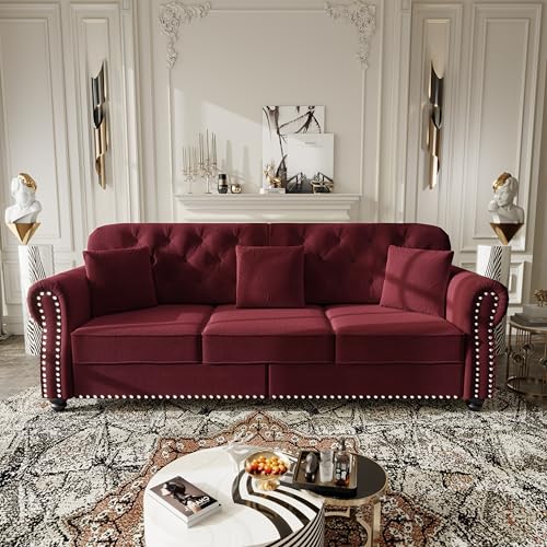 Image of KEIKI 83 inch Velvet Chesterfield Sofa with Rolled Arms & Nailhead Trim & 2 Ottoman, Modern 3-Seater Button Tufted Couch with High Resilience Cushion & 3 Pillow, Easy Assembly, for Living Room, Burgundy