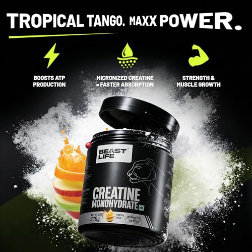 Image of BeastLife Micronised Creatine Monohydrate with Free Shaker | 319 g | 86 Servings | Tropical Tango | NABL Lab Tested | Rapid Absorption for Muscle Strength & Athletic Performance | Super Micronised Creatine Powder