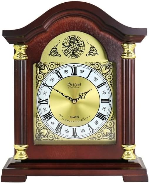 Redwood Mantel Clock with Chimes – Roman Numeral Dial, Volume Control, Oak Finish Wood Case, Glass-Enclosed Classic Desk or Fireplace Shelf Clock