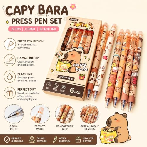 Image of Alokik Luxury Gel Pens and Highlighter 5pcs black Color pen + 1 pcs highlighter Coordinated Design, Signature Pen Set, Writing School Supplies (Capybara Erasable Gel Pen Set of 6)