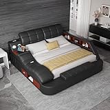 Multifunction Smart Queen Bed Frame Upholstered Platform with Massage Recliner/Bluetooth Speaker/USB Charging Station/Storage Drawers, Leather Headboard/Strong Wooden Slats, Black-Left Side