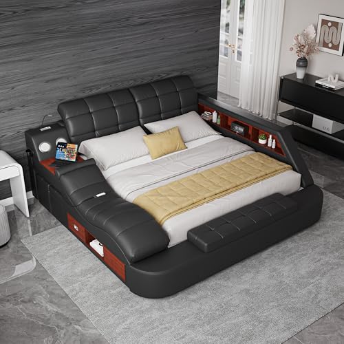 Multifunction Smart Queen Bed Frame Upholstered Platform with Massage Recliner/Bluetooth Speaker/USB Charging Station/Storage Drawers, Leather Headboard/Strong Wooden Slats, Black-Left Side