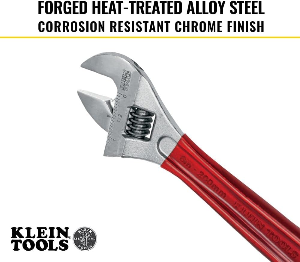 Klein Tools D507-8 Adjustable Wrench, Extra Capacity Jaw Forged Drive Wrench with High Polish Chrome Finish, 8-Inch
