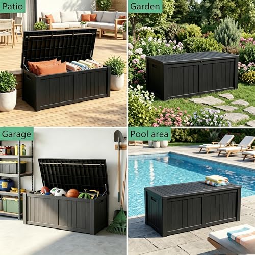 Image of 148 Gallon Resin Deck Box - Outdoor Storage Chest for Patio Furniture Cushions, Garden Tools, Pool Accessories & Backyard Organization Lockable Waterproof All-Weather Wood Grain Design, Easy Assembly