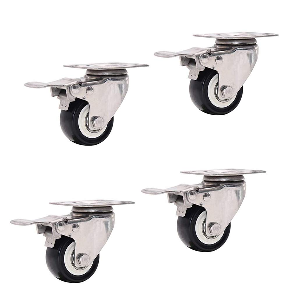 4X Gummi-Lenkrollen, 38/50mm kleine Möbelrollen mit Bremse, Schwerlastrollen, Transportrollen, Strandkorbrolle, Edelstahlhalterung, für Einkaufswagen, Handwagen, Schränke, schwarz