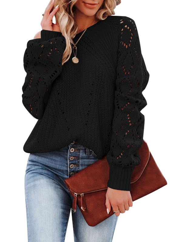 Women Casual Long Sleeve Crewneck Crochet Cashmere Sweater Lightweight Knit Pullover Top Comfortable Cozy Blouse