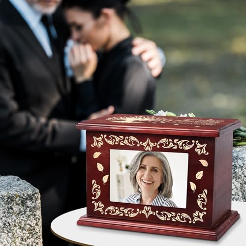 Cremation Urns for Human Ashes Adult Male or Female, Funeral Memorial Urns for Ashes with Photo Frame, Solid Walnut Wooden Urns Box and Casket for Men Women, Burial Urn for Adults 280LBS