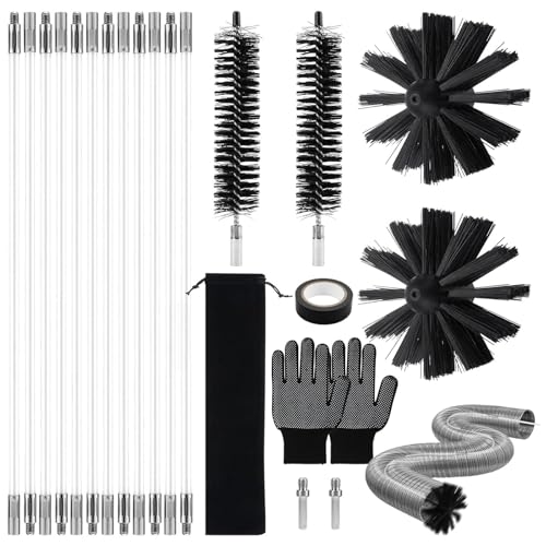 21pcs Chimney Cleaning Brush Kit Flexible Chimney Sweep Set Rotary Chimney Cleaning Tool with 12 Flexible Rods+2 6Brush Heads+2 Dryer Lint Brush+Accessories for Flue Fireplace Dryer
