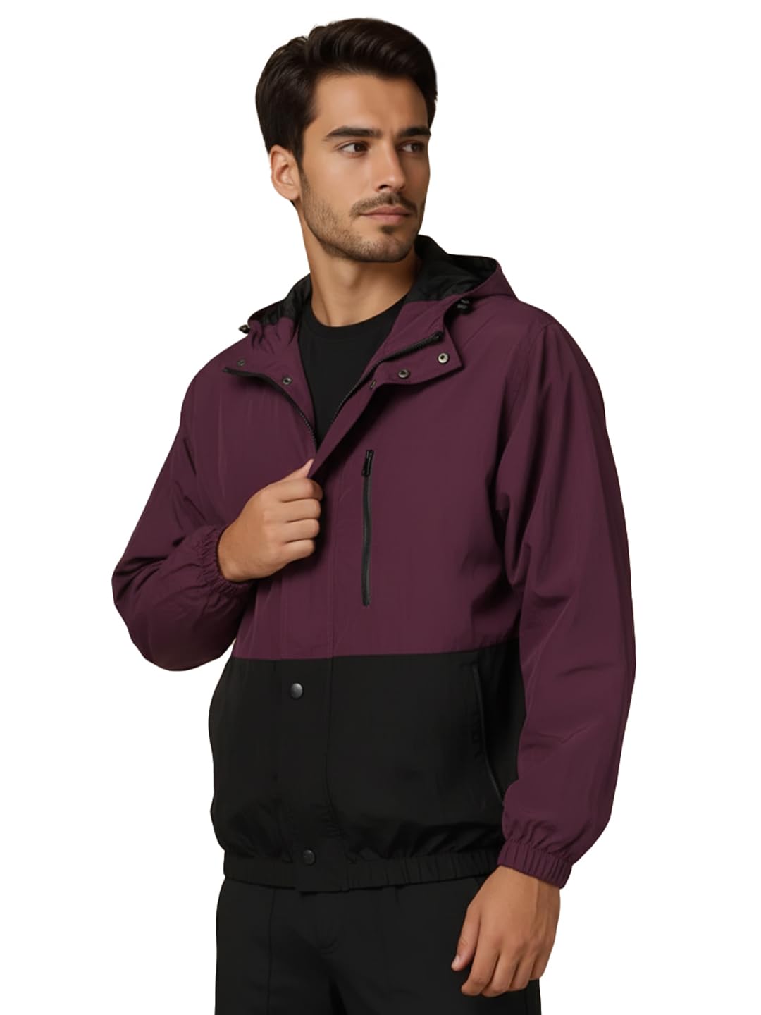 CHKOKKO Mens Stylish Oversized Windcheater Jacket with Zip Closure Lightweight Sportswear for Running Travel Hiking Outdoor and Rainy Season Wear MaroonBlack M