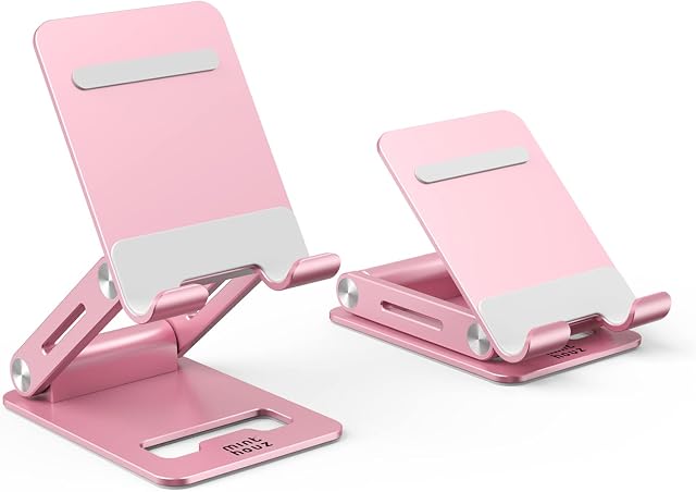 Minthouz Cell Phone Stand, Adjustable&Foldable Phone Holder for Desk, Aluminum Phone Stand with Anti-Slip Base, Compatible with iPhone14 13 Pro Max Mini 12 11 and More 4.7''-7.9'' Smart Phones - Pink