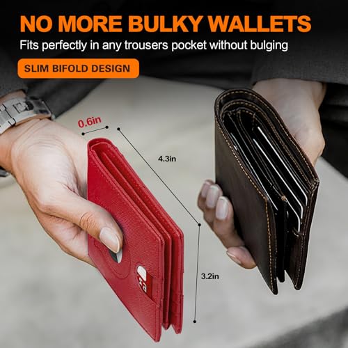 Image of Wallet for Men Slim RFID Blocking Bifold Carbon Fiber,Minimalist Small Compact Front Pocket Credit Card Holder,Thin Mens Leather Wallets Smart Security With 2 ID windows 1 Cash (Cross Red)