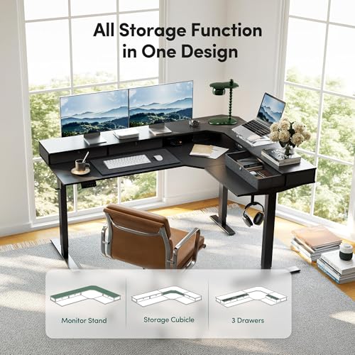 Image of CubiCubi 63x48 Inches L Shaped Standing Desk with 3 Drawers and Monitor Shelf, Height Adjustable Corner Computer Desk with Hooks, Sit Stand Up Ergonomic Home Office Workstation Table, Modern Black
