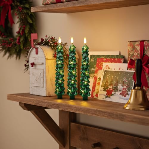 Image of Christmas Tree Candles with Remote Timer, 4 Pcs Waxy Flameless Taper Candles with Embedded String Lights, Battery Operated LED Candlesticks 3D Flame Wick, Green Gifts Christmas Decorations
