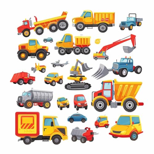 Image of Construction Vehicles Wall Sticker for Ki-ds | Self Adhesive Cartoon Truck, Excavator & Dump Truck PVC Wall Decal for Bedroom, Nursery & Playroom
