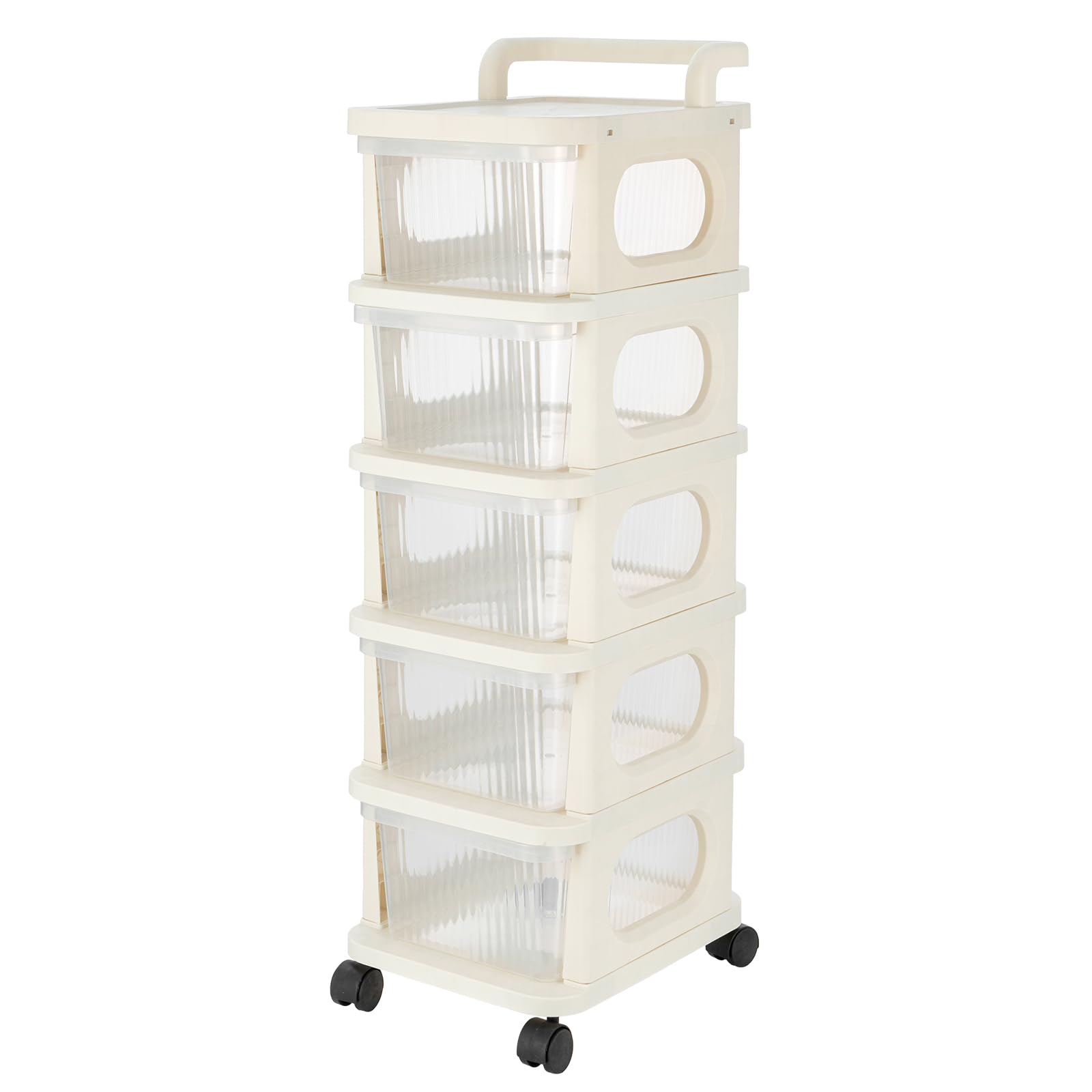 GREENSAPPIRE 3/4 Tier Plastic Storage Drawer Organiser on Wheels, Mobile Storage Rack with Lockable Casters, Rolling Storage Box Shelf Bedside Table for Clothes Shoes Toys Snacks, Living Room (5-Tier)