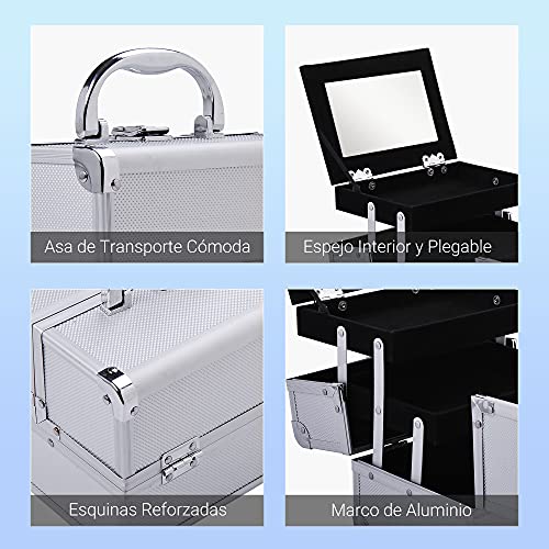 HOMCOM Maletín Maquillaje Profesional Estuche de Cosmético Portátil con Bandejas de 3 Niveles y Espejo 2 Llaves para Joyero Manicura Viaje 20x15x15 cm Plateado - imagen 5