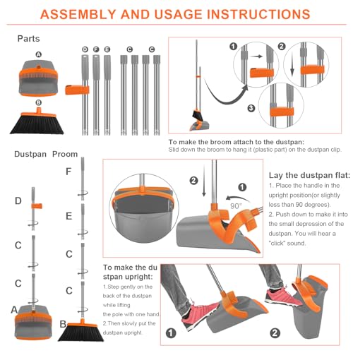Image of Broom and Dustpan Set for Home,Standing Dustpan with 55 inch Long Handle, Orange Broom with Dustpan