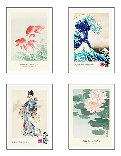Set 4 Láminas A3 Decorativas Pared para Cuadros Decoración Salón Modernos, Dormitorios, Habitación, SIN Marco, Oriental, Japones, Chino, (41 x 29,7 cm)