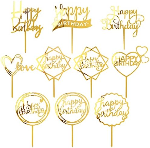 MOGADEE® 10 Stück Goldenes Happy Birthday Tortendeko Set, | Acryl Glitter Cupcake Topper, Girlande Herze Sternen Cake Topper, Kuchen Deko für Mädchen, Hochzeit, Mutter (Goldenes)