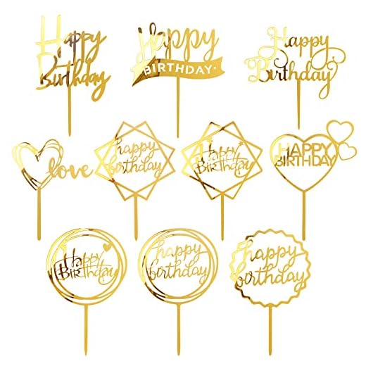 MOGADEE® 10 Stück Goldenes Happy Birthday Tortendeko Set, Acryl Glitter Cupcake Topper, Girlande Herze Sternen Cake Topper, Kuchen Deko für Mädchen, Kinder, Hochzeit, Mutter (Goldenes)
