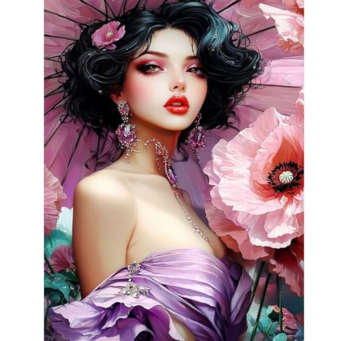 Image of QENSPE Diamond Painting Art Kits for Adults, DIY Pink Flowers Full Drill Diamond Art Kit for Beginners, 5D Beautiful Woman Round Diamond Dots Paintings Gem Art Crafts Home Wall Decor Gifts 30x40cm