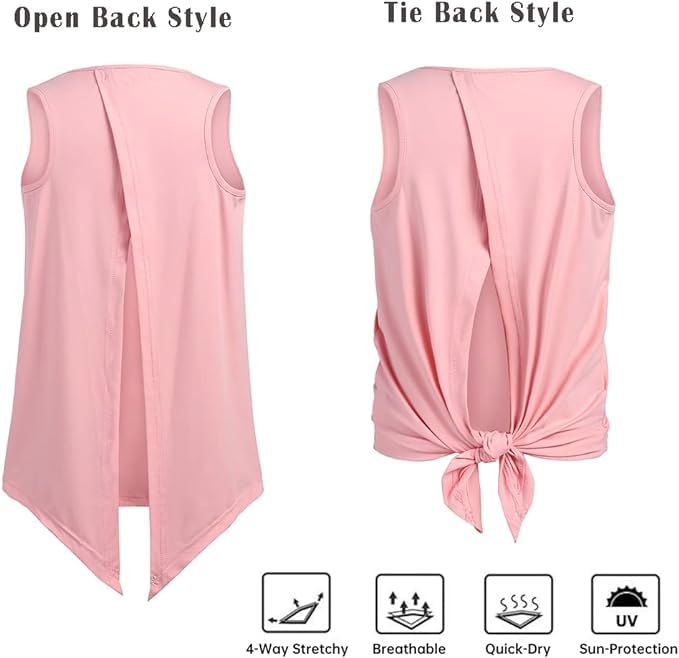 Image of Zaclotre Girls Athletic Tank Tops Open Tie Back Sleeveless Workout Shirts | Kids Sport Shirt 5-14Y, Stretchy, Lightweight, Quick-dry, Open Back, Tie Back, Dance, Tennis, Outdoor, Daily Wear