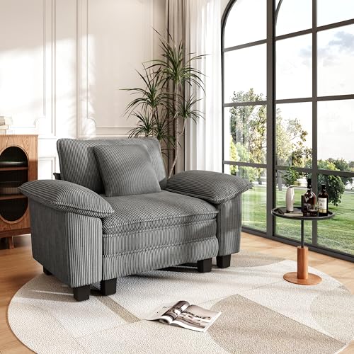 Image of PHI VILLA Oversized Single Sofa Chair with Deep Seat, Upholstered Reading Armchair Modern, 1 Seater Comfy Sofa Chair for Small Spaces Bedroom, Corduroy, Grey
