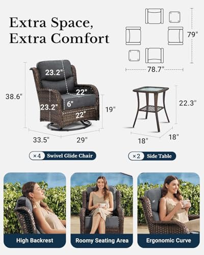 HILLGA Luxury Patio Furniture Set with 6-inch Thick Cushion, Outdoor High Back Swivel Rocker Patio Chairs, 6PCS Wicker Conversation Set for Deck Yard and Poolside, Dark Grey (V2)