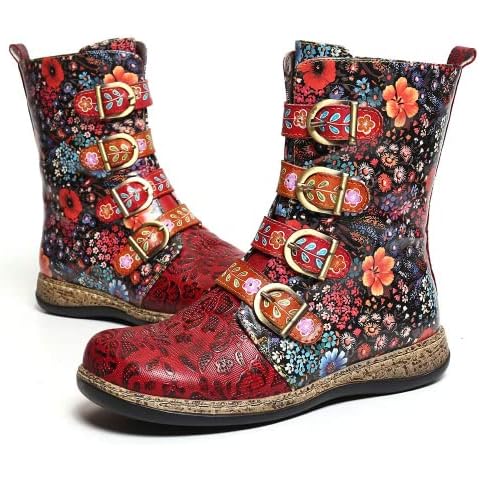 Women Bohemian Vintage Leather Boots Floral Pattern Ankle Boots Winter Warm Side Zipper Short Boots Outdoor Round Toe Flat Casual Walking Boots Comfortable Mid Calf Cowboy Boots for Party, Red, 8 UK Cover