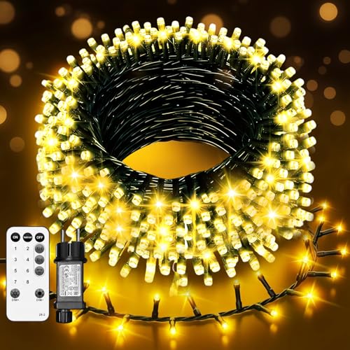 ACICILI Luci Natale Esterno 20M 200LED, IP44 Impermeabile con Telecomando e Memoria, 8 Modalità e Timer, Bianco Caldo per Giardino Matrimonio Natale Feste