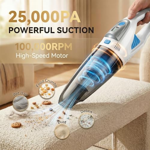 Image of Handheld Vacuum Cordless, 25000Pa Powerful Suction Car Vacuum Portable Cordless with 8000mAh Battery & LED Light, Hand Held Vacuum Rechargeable with HEPA Filters, Home, Car Seats, Pet Hair White
