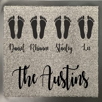 One of Kind UK Personalised Grey Doormat Custom Family Name Mat with Large & Small Footprints, Pawprints, Anti-Slip Rubber Backing, 100% Nylon, 40x60cm, 8mm Pile, 4 Family Members Characters