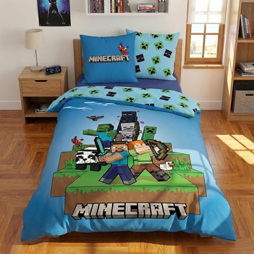 Parure de Lit Réversible Minecraft Ready to Survive, Housse de Couette 140x200 cm + Taie d'oreiller 63x63 cm