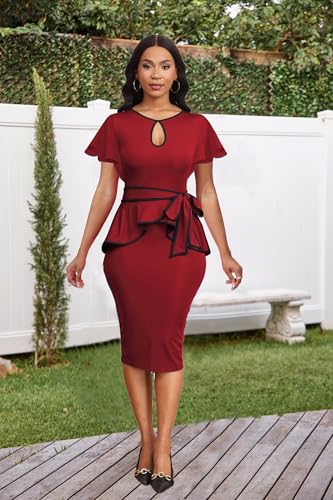 Image of Women's Vintage Bodycon Church Ruffle Sleeve Ruched Dresses Work Midi Pencil Dress