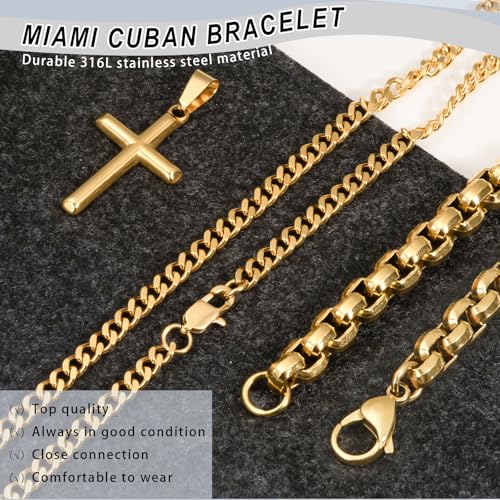Cross Necklace and Bracelet Set for Men Women Stainless Steel Chain with Cross Pendant Beveled Edge Gold Crucifix Necklace Religion Jewelry Gifts for Him - Image 5
