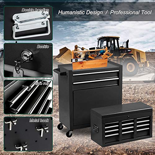 8 Drawers Large Space Capacity Rolling Tool Chest, 2 in 1 Mobile Lockable Drawers Steel Tool Box Cabinet and Storage Organizer Cart with Wheels, Toolbox Combo for Workshop Garage (Black)