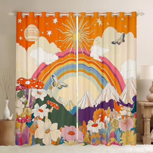 Loussiesd Cortinas retro hippie con flores, 183 x 117 cm, arco iris para ventana, decoración de mariposas, 60S, 70S, florales, ahumadas, montañas, sol, cortina de ventana, coloridas, opacas