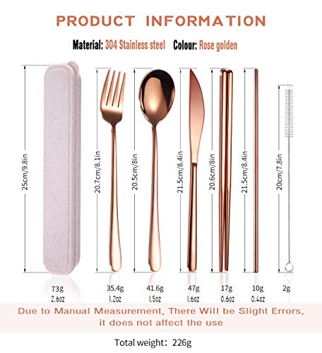 Aarainbow 6 Pieces 18/8 Stainless Steel Flatware Set Portable Reusable Cutlery Set Travel Utensils Set Including Chopsticks Knife Fork Spoon Straws Cleaning Brush Dishwasher Safe (Rose Gold) #TOP2