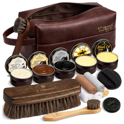 Shoe Care Kit – 16-in-1 Leather Shoe Polish, Cleaning & Conditioning Kit with Saddle Soap & Mink Oil – Black/Brown/Neutral Shoe Polish, 3 Horsehair Brushes – Premium Storage Bag – Gift for Men & Women