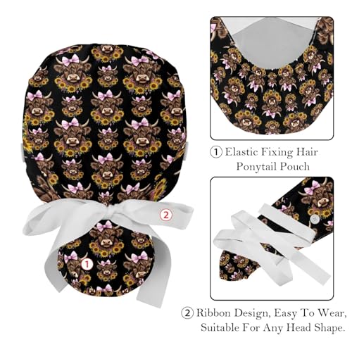 Image of 2 PCS Bouffant Cap with Button Ponytail Pouch Working Cap Sweatband Adjustable Surgical Cap Black and White Cow