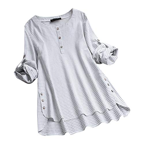 Skang Camisa de manga larga para mujer de moda camisa Tops de tamaño grande casual O-cuello de algodón y lino estampado a cuadros blusa tamaño M-5XL Cover